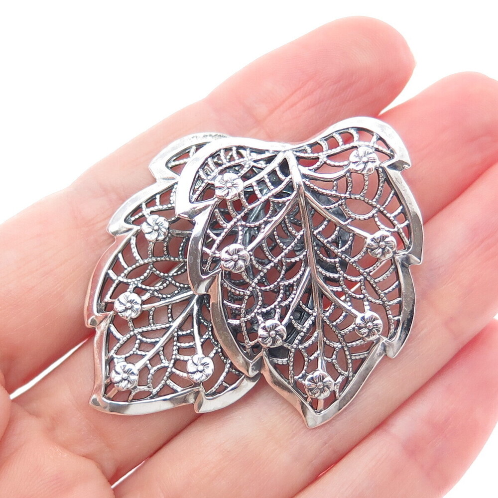 BEAU 925 Sterling Silver Vintage Floral Leaf Filigree Oxidized Pin Brooch